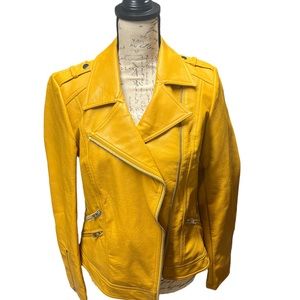 INC Moto Biker Jacket Zipper Butterscotch Yellow M Vegan Faux Leather Goth Short